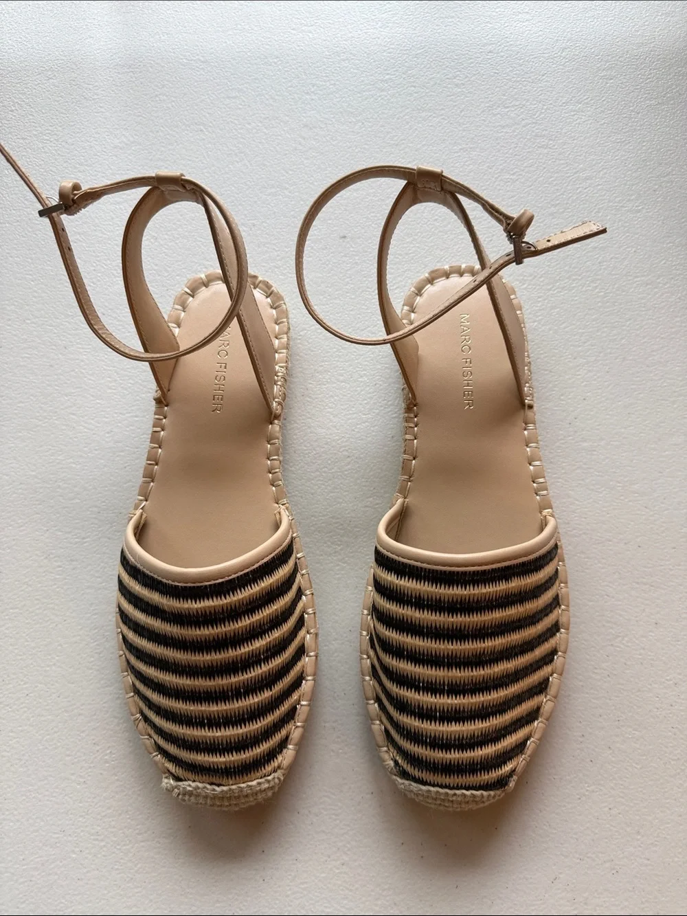 Marc Fisher Bessie Espadrille Flats Tan & Black Woven Striped Ankle-Strap Sandal